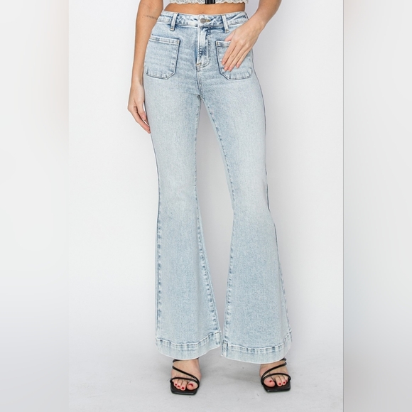 RISEN High-Rise Waist Slim Jeans Flare Hem Retro 90s Patch Pocket Denim Pants - Picture 1 of 16
